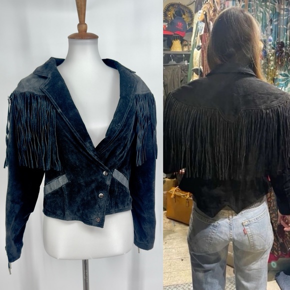 Vintage Jackets & Blazers - VINTAGE BERMANS WESTERN Suede Fringe Snakeskin Cropped Jacket 80s Cowgirl
